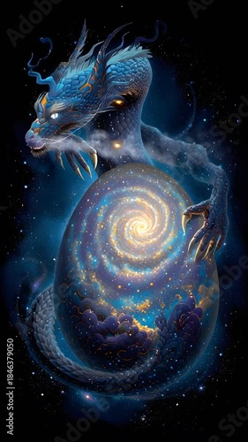 Mystical Blue Dragon Holding Cosmic Egg in Starry Space