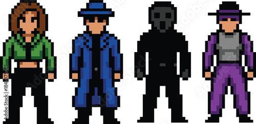 Pixel art character avatars set, fantasy and sci fi roles, masked figures, stylish outfits, game sprites, retro pixel illustration