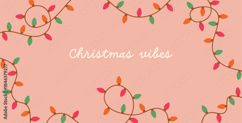 Fototapeta premium Christmas background with retro light garland frame and festive greeting typography. Winter holiday banner design with Xmas and New Year decoration, lightbulbs adornment. Flat vector illustration