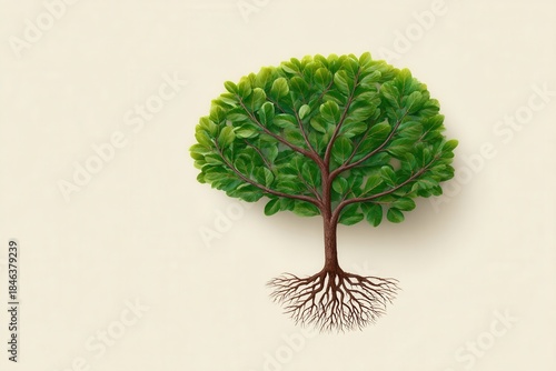 Illustrated representation of a human brain as a tree with branches and roots, symbolizing growth and interconnectedness, low resolution.