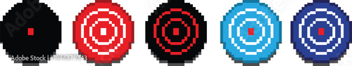 Pixel art target icons set showing accuracy, focus, goal achievement, marketing objectives, success metrics, precision aiming, business strategy concept