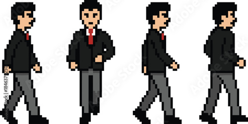 Pixel art businessman walking animation spritesheet, office worker character movement frames, retro game asset for side scroller projects games design