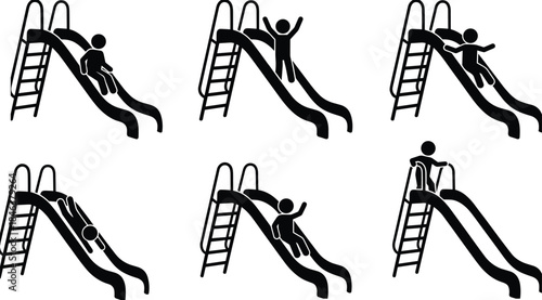Children playground slide safety icons, stick figure pictograms showing correct and incorrect sliding positions for playground safety education awareness guidelines