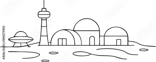 Black and white line drawing of a futuristic alien settlement with a tower and domes science fiction