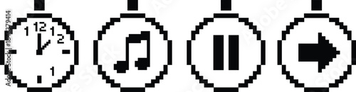 Pixel art media control icons illustration, clock music pause and play buttons, retro interface symbols, 8 bit user interface design