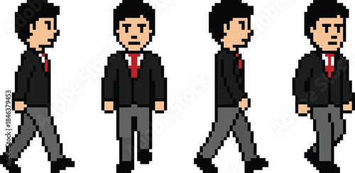 Pixel art businessman walking animation sprite set, office worker character movement frames, retro 2D game asset illustration design