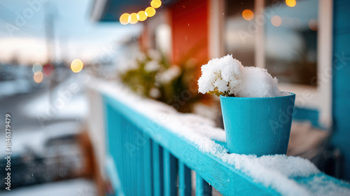 Vibrant winter balcony with snow-covered plants in bright sunlight