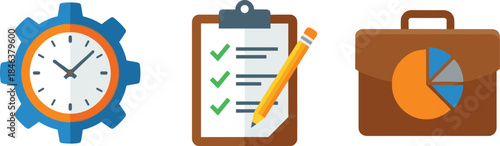 Business productivity management icons, time optimization clock, checklist planning clipboard, analytics briefcase report, flat vector illustration