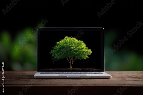 Creative Laptop Displaying a Growing Tree on Screen Against a Dark Background for Nature and Technology Concepts