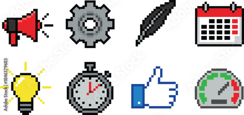 Pixel art productivity business icons set, megaphone settings calendar idea time approval performance meter, retro game style illustration