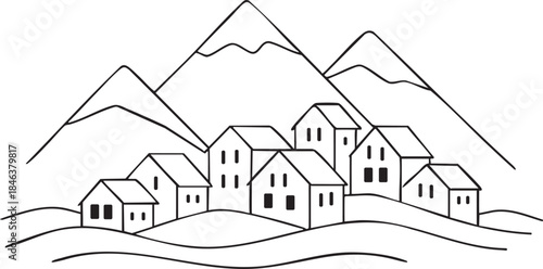 Minimalist black and white vector illustration of a village nestled in rolling hills beneath jagged mountains
