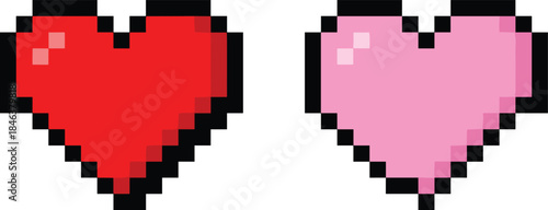 Pixel art heart icons in red and pink colors representing love, romance, affection, valentine, emotion, relationship, retro game style concept
