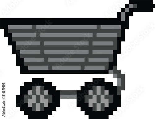 Pixel art shopping cart icon representing ecommerce, online store, retail purchase, digital shopping, checkout, consumer behavior, marketplace, business concept
