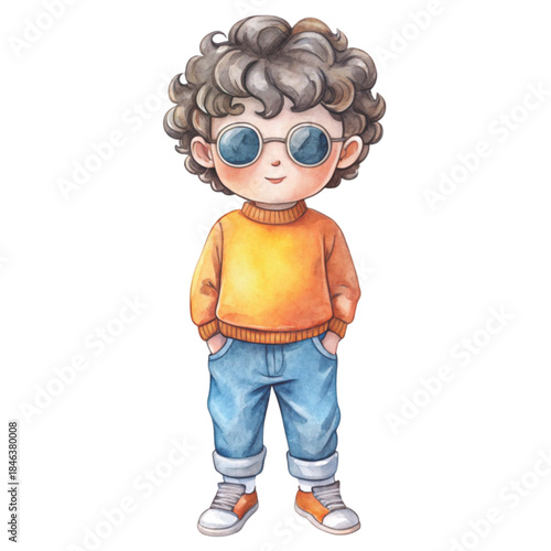 Cute watercolor illustration of a little boy with curly brown hair, and stylish round sunglasses vector
