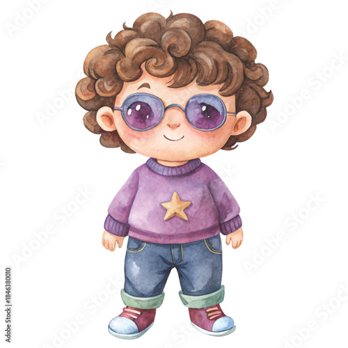 Cute watercolor illustration of a little boy with curly brown hair, and stylish round sunglasses vector