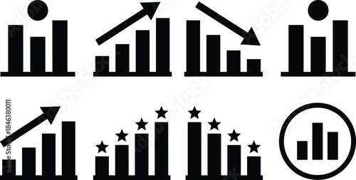 Business growth and decline bar chart icons, financial performance analytics symbols, statistics visualization, marketing data analysis, success rating infographic illustration