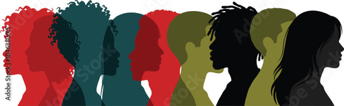 Colorful human profile silhouettes representing diversity, inclusion, equality, multicultural community, social identity, people connection, unity, modern flat illustration concept