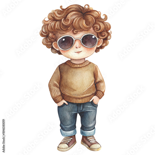 Cute watercolor illustration of a little boy with curly brown hair, and stylish round sunglasses vector