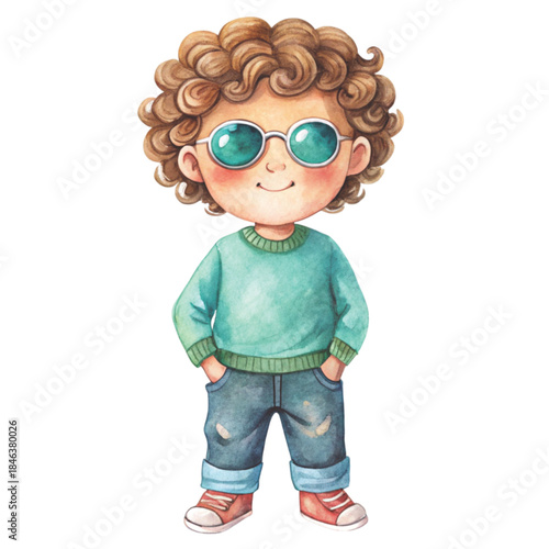 Cute watercolor illustration of a little boy with curly brown hair, and stylish round sunglasses vector