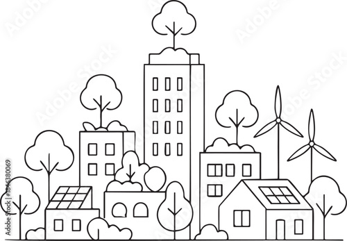 Simple line art illustration of a city skyline with trees solar panels and wind turbines graphic