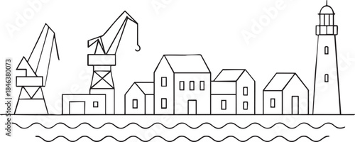 Simple Outline Vector Illustration of a Harbor with Cranes Houses and Lighthouse port construction