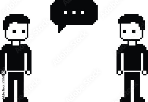 Pixel art people communication icon showing two characters chatting, conversation bubble, dialogue, messaging, social interaction, teamwork, discussion concept