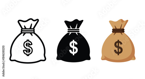 Money bag icon set - Line and glyph solid icon set - Solid icons vector collection - Blue icon set - Icon vector - Flat Design Icon