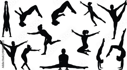 Female gymnast silhouettes, acrobatic dance poses, athletic flexibility, ballet movement, gymnastics training, sport fitness, isolated black figures, white background
