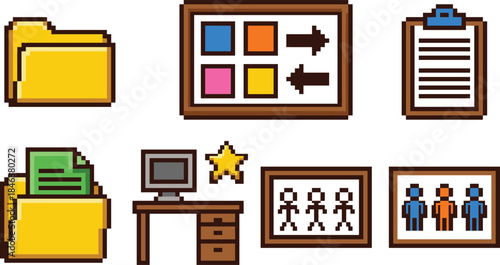 Pixel art office and workflow icons set, file management team planning UI dashboard documents, retro business workspace illustration