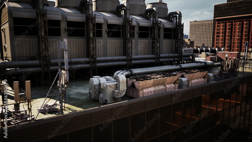 Naklejka premium A bustling city skyline features impressive cooling towers and extensive piping on a rooftop. The bright atmosphere captures the essence of urban life and industrial architecture.
