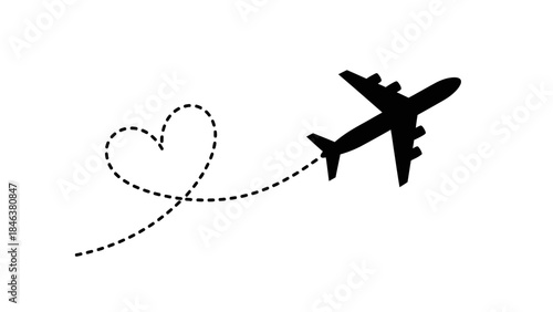 A black airplane silhouette flying with a dotted heart-shaped trail on a white background.