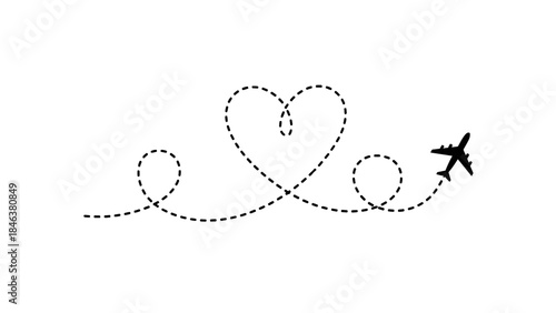 Black airplane flying with a dotted heart-shaped trail on a white background, symbolizing love and travel.