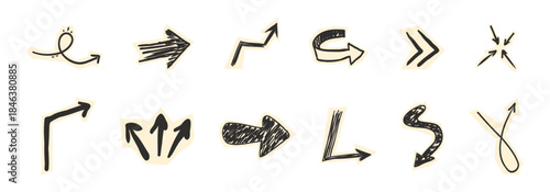 Scrapbook set with paper arrow cutout torn doodle scribble collage elements. Y2k swirl, up and down, right and left arrow collection.