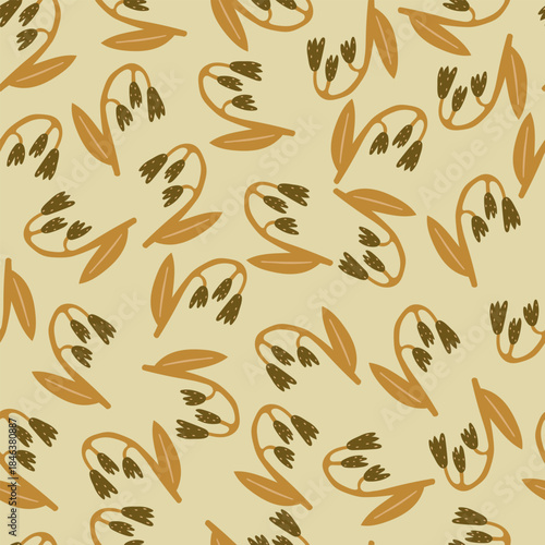 Seamless pattern with brown flower bell, hand drawn floral pattern. Vector illustration with flowers for wrapping paper, clothes, fabric.