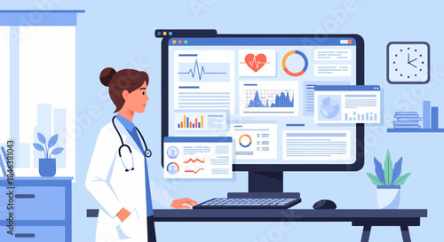Female Doctor Analyzing Medical Data On Computer Screen In Office