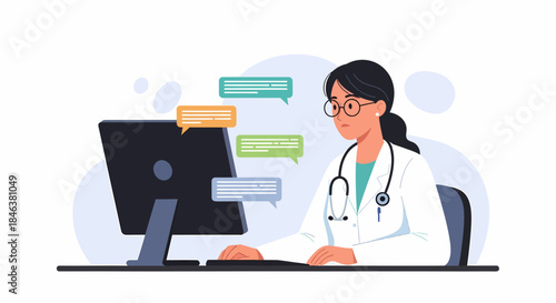 Female Doctor Providing Online Consultation Via Computer Technology