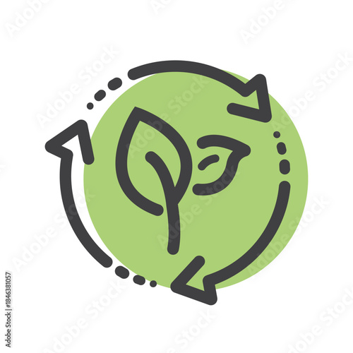 Organic recycle icon, two green leaves with three arrows, reusable environmental.