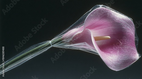Close-up studio shot of a pink calla lily wrapped in transparent plastic against a black backdrop