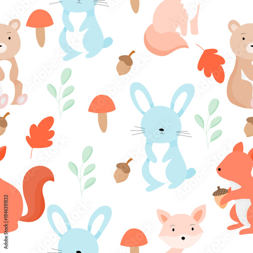 Adorable Woodland Creatures and Autumn Elements Illustration Seamless Pattern