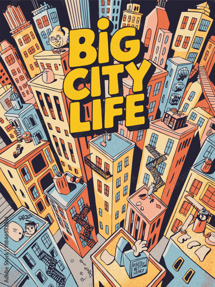 Obraz premium Retro Halftone Movie Poster of a Whimsical Big City in Cartoon Style