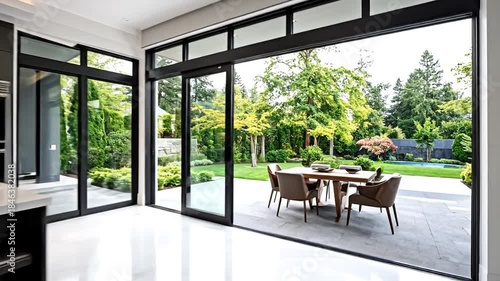 Modern kitchen with island and dining space, features a large window showcasing a lush garden view