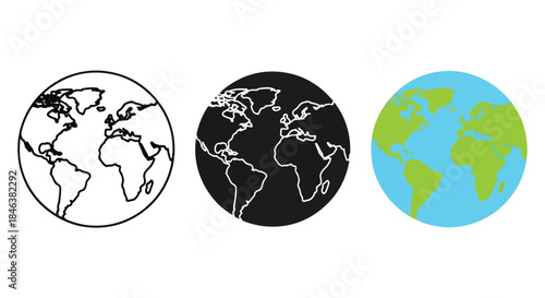 Globe icon set - Line and glyph solid icon set - Solid icons vector collection - Blue icon set - Icon vector - Flat Design Icon