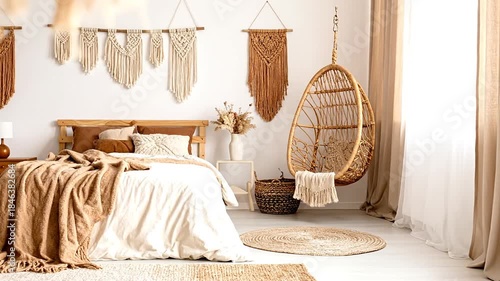 Cozy bedroom decor with a macrame wall hanging above a bed, and a hanging chair