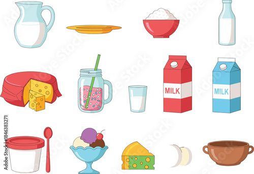 A vibrant flat illustration vector set of dairy products, featuring a milk pitcher, cheese wheels, ice cream dessert, milk cartons, and various bowls, perfect for grocery and food graphics.