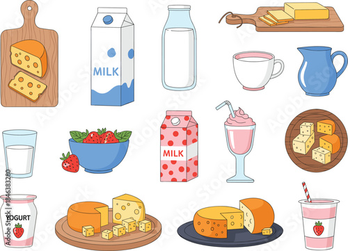 A comprehensive vector set of modern dairy and cheese products, including milk cartons, yogurt, butter, sliced cheese on cutting boards, and a strawberry smoothie, perfect for food 