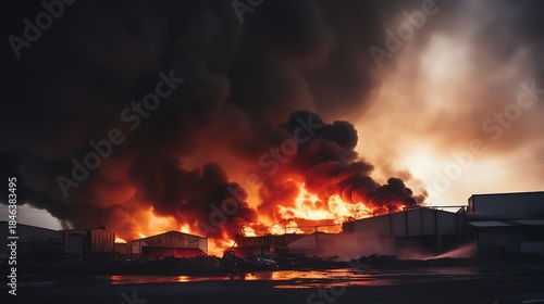 Industrial fire causing dramatic smoke and flames.