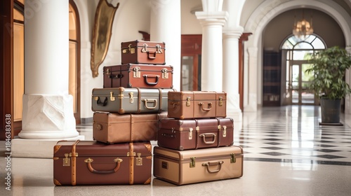 Elegant stack of vintage travel suitcases indoors.