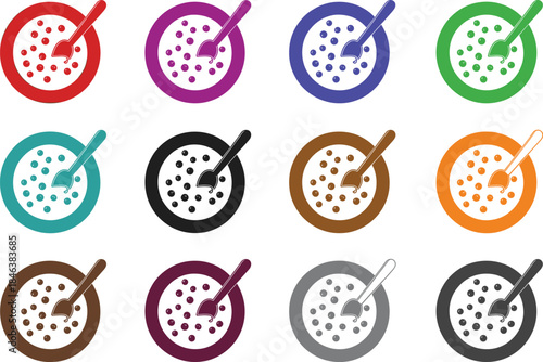 A vector set of twelve colorful simple icons showing a top-down view of a cereal or porridge bowl with a spoon, perfect for minimalist food apps, graphic design, and simple menus.