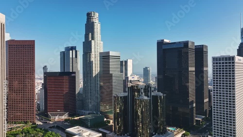 Flying above LA cityscape. Aerial Los Angeles urban view. Los Angeles skyscrapers from sky. Aerial view of downtown LA. Los Angeles skyline drone footage.