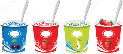A detailed realistic vector set of four fruit yogurt cups with spoons, featuring cherry, strawberry, and pear flavors, ideal for high-quality packaging, advertising, and food graphics.